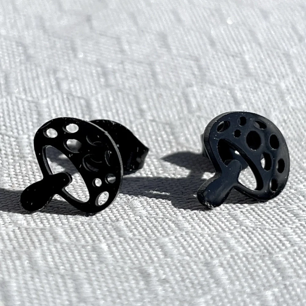 Black mushroom stud metal earrings small cute girls kids adult cottagecore gift